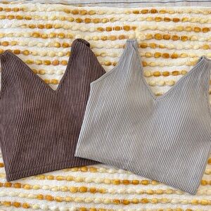 90 Degree By Reflex Ribbed V-Neck Stonewash Seamless Bra Brown and Gray Set